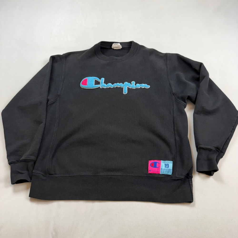 Champion Reverse Weave Sweatshirt Mens Large Black Chenille Logo GF70 BKC